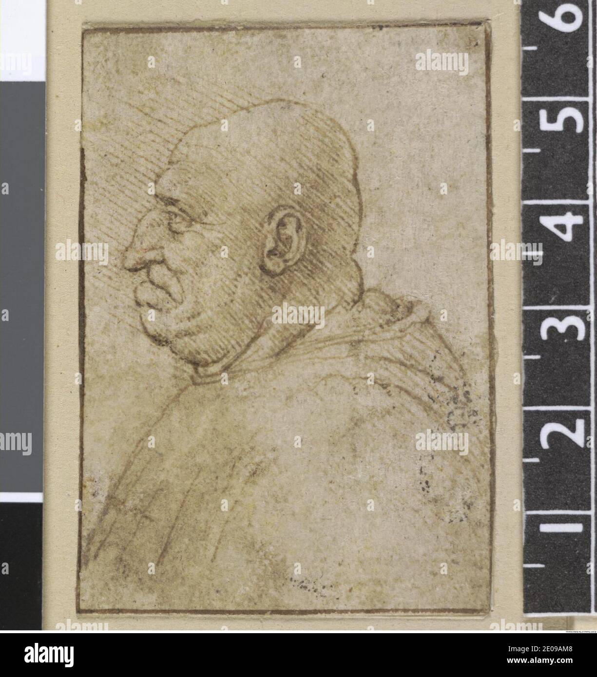 Leonardo da Vinci - Pp,1.38, A caricature of a bald-headed old man; head and shoulders in profile to left, with a hooked nose and protruding lower lip. Stock Photo