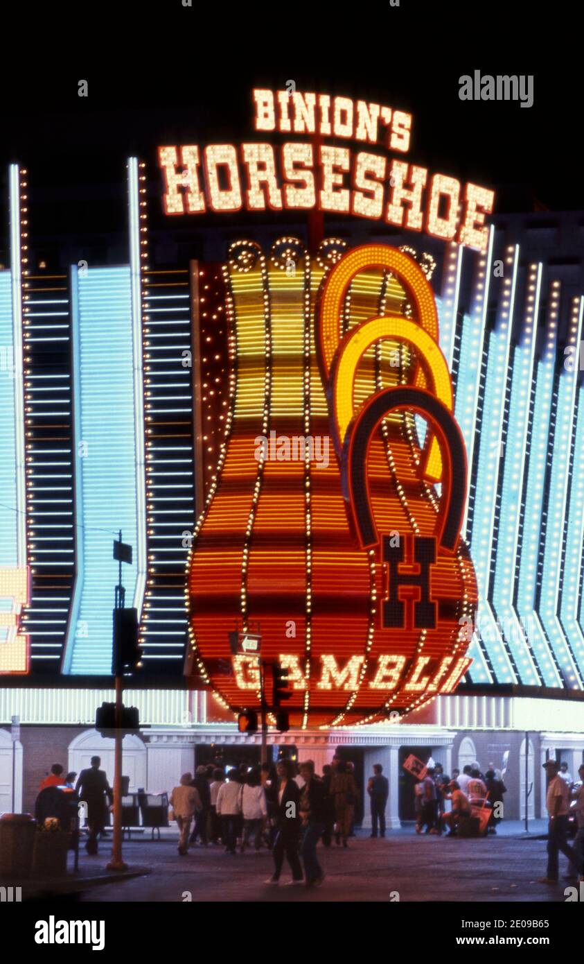 Binion's Horseshoe Casino at night on Fremont street in Downtown Las Vegas, Nevada circa 1970s Stock Photo