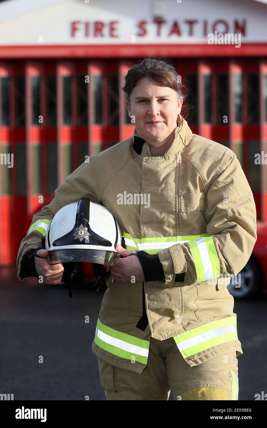 Karen McDowell MBE, Station Commander, Northern Ireland Fire and Rescue Service, who has been awarded an MBE for services to the Northern Ireland Fire and Rescue Service and to the LGBTQ community in the New Year's Honours list, photographed at Dromore Fire Station, Co. Down, Northern Ireland. Stock Photo