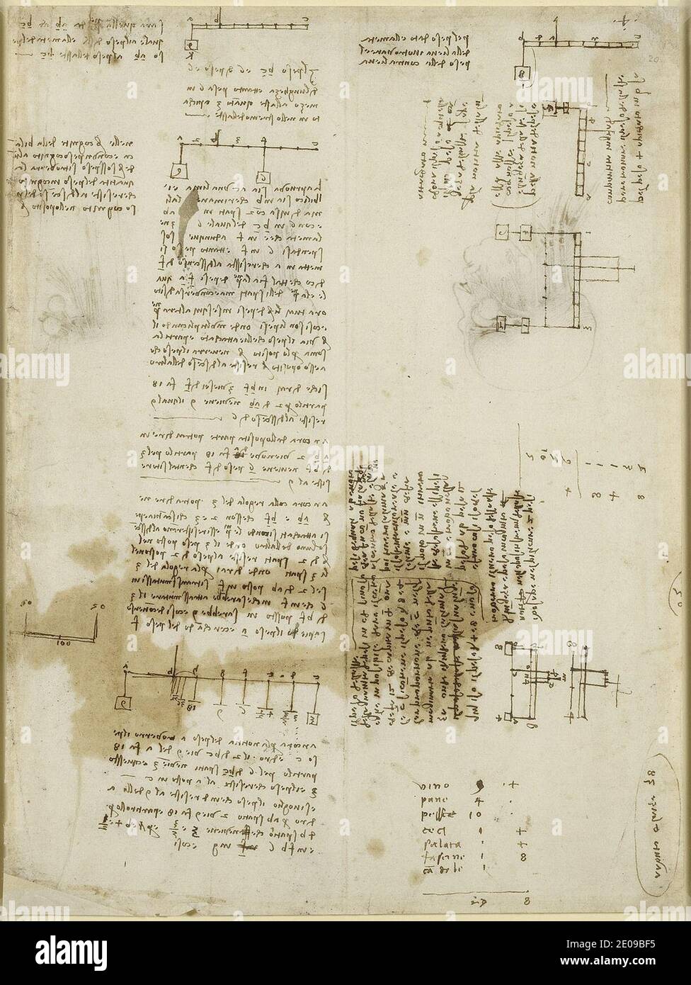 Leonardo da Vinci - Verso Notes on weight and statics, with diagrams c.1509-10. Stock Photo