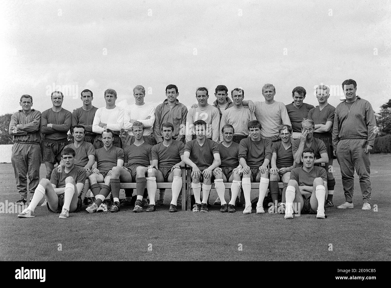 File photo dated 04/07/66 of England's World Cup Squad. The two last remaining members of the 1966 World Cup winning squad, Ron Flowers (back row, fifth from left) and Jimmy Greaves (back row, fifth from right) have both been awarded MBE for services to Football in the New Year's Honours List. Stock Photo
