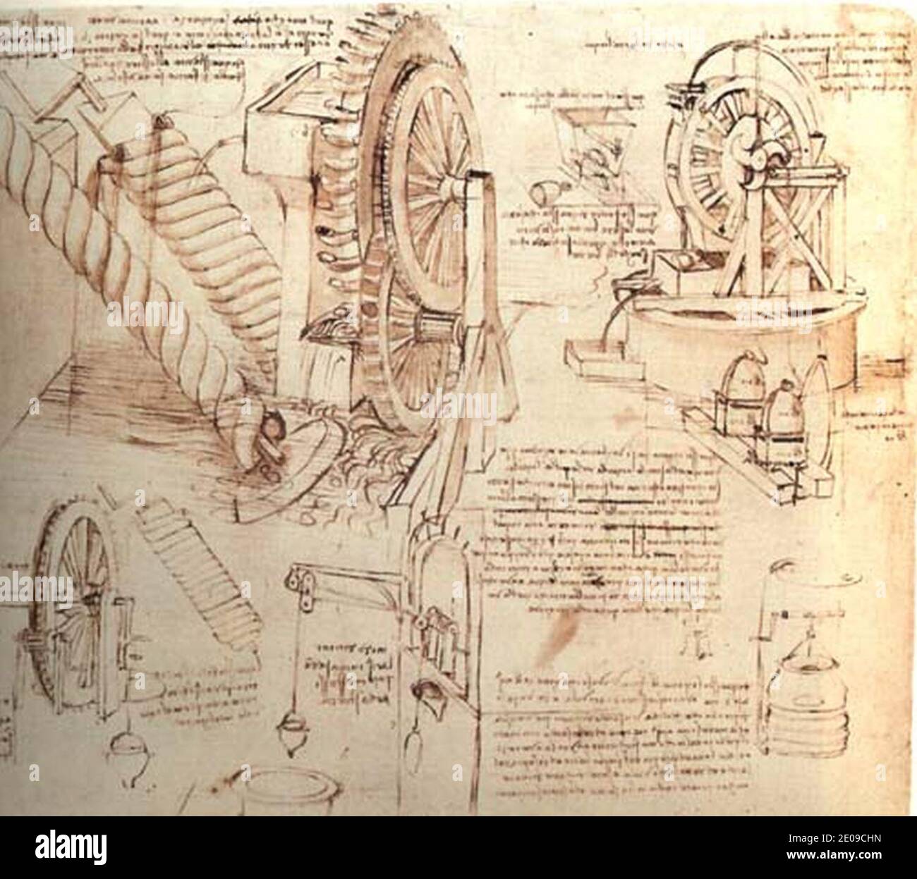 Leonardo da vinci, Drawings of Water Lifting Devices. Stock Photo
