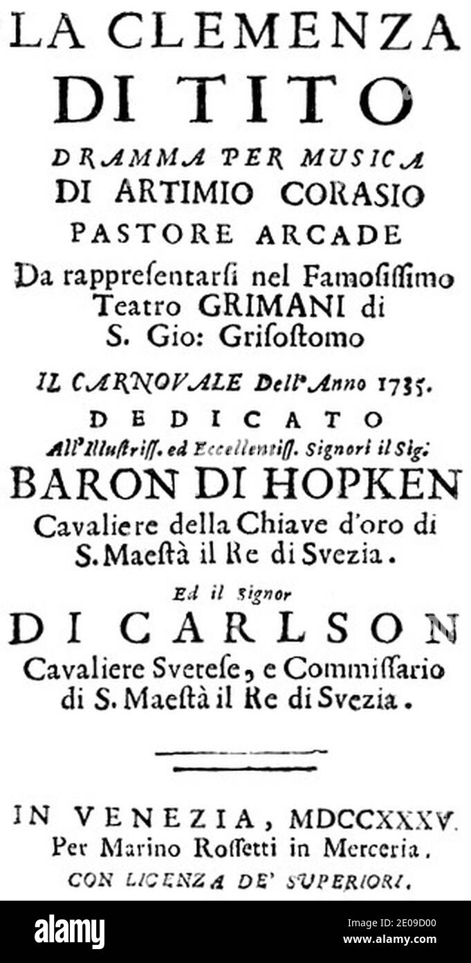 Leonardo Leo - La Clemenza di Tito - titlepage of the libretto - Venice 1735. Stock Photo