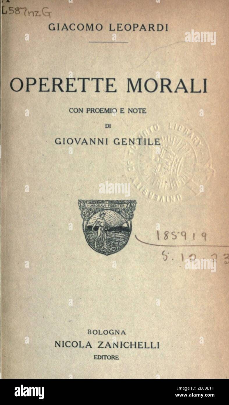 Leopardi - Operette morali, Gentile, 1918 (page 7 crop)2. Stock Photo