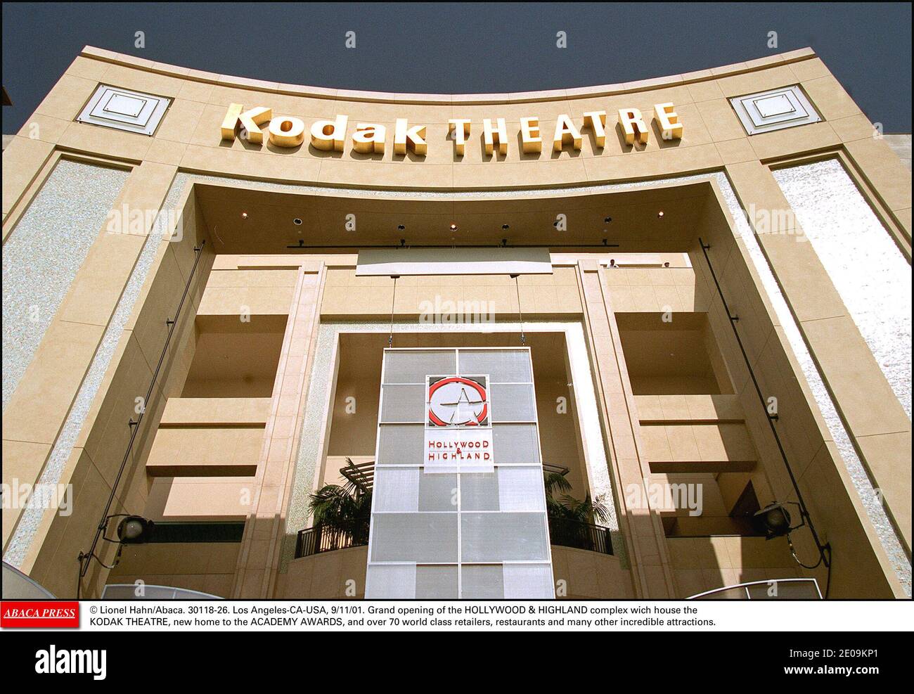 Eastman Kodak Co has asked the U.S. bankruptcy court to void an estimated 4 million Dollars-a-year contract to have its name on the Hollywood theatre that hosts the Oscars as the bankrupt photography company tries to reduce its debt it was announced February 2, 2012. File photo : © Lionel Hahn/Abaca. 30118-26. Los Angeles-CA-USA, 9/11/01. Grand opening of the HOLLYWOOD & HIGHLAND complex wich house the KODAK THEATRE, new home to the ACADEMY AWARDS, and over 70 world class retailers, restaurants and many other incredible attractions. Stock Photo