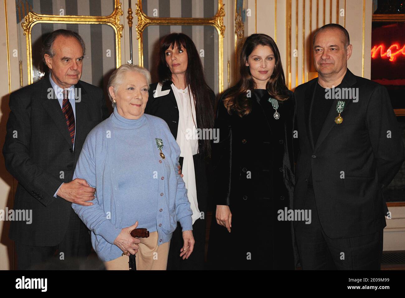 Laetitia Casta, Jean-Pierre Jeunet, Claude Gensac and Aline Bonneteau by French Culture Minister Frederic Mitterrand during a ceremony at Culture Ministry on in Paris, France on February 1st, 2012.. Photo by Giancarlo Gorassini/ABACAPRESS.COM Stock Photo