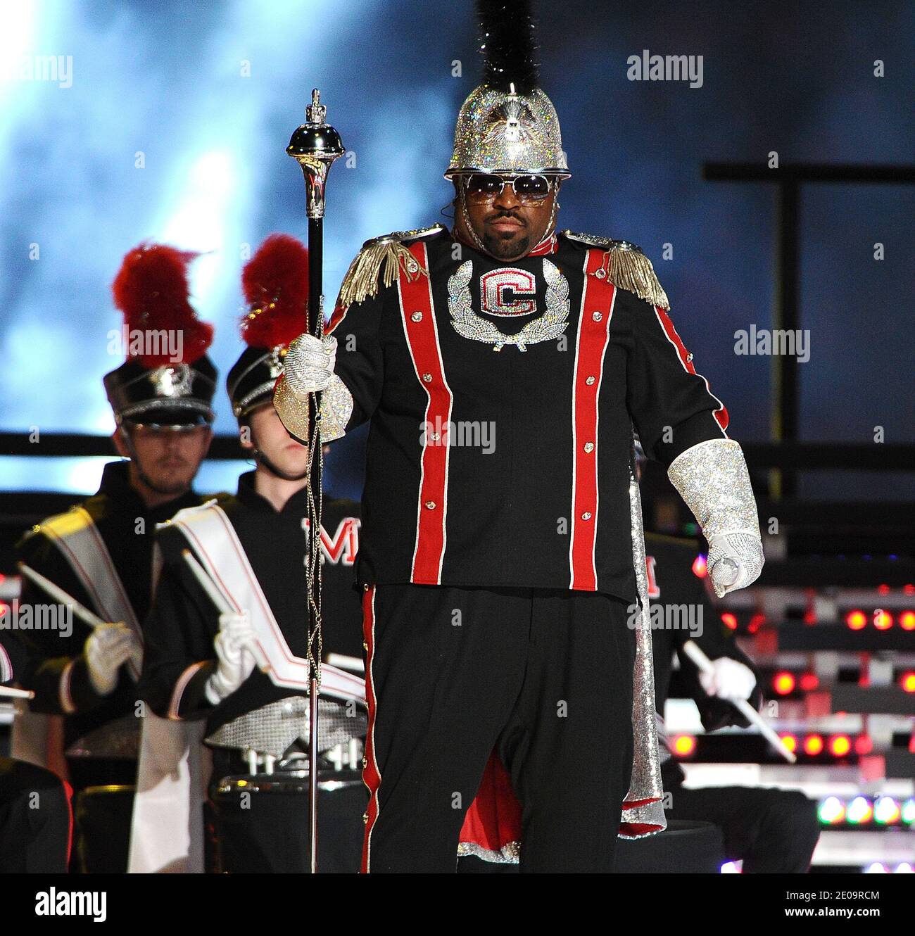 Cee Lo Green performs with Madonna, not pictured, during the halftime show of Superbowl XLVI at Cee Lo Green performs with Madonna, not pictured, during the halftime show of Superbowl XLVI at