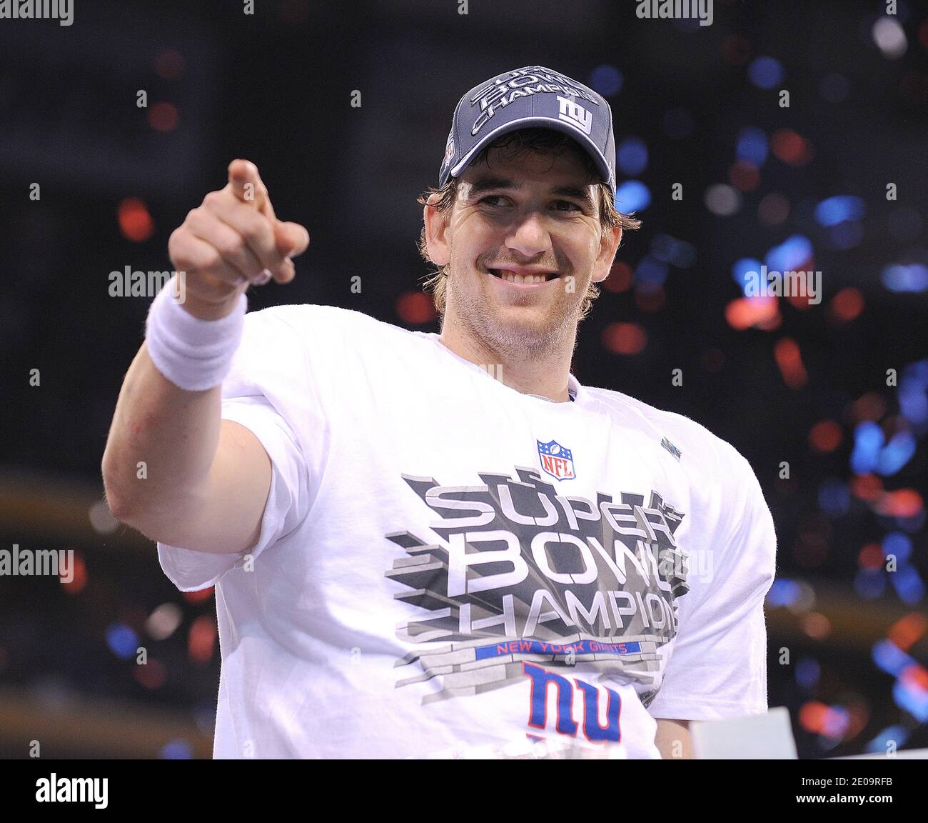 New York Giants quarterback Eli Manning celebrates at the end of Superbowl XLVI at Lucas Oil Stadium in Indianapolis, Indiana on February 05, 2012. The New York Giants defeated the New England Patriots, 21-17. Photo by Lionel Hahn/ABACAUSA.COM Stock Photo