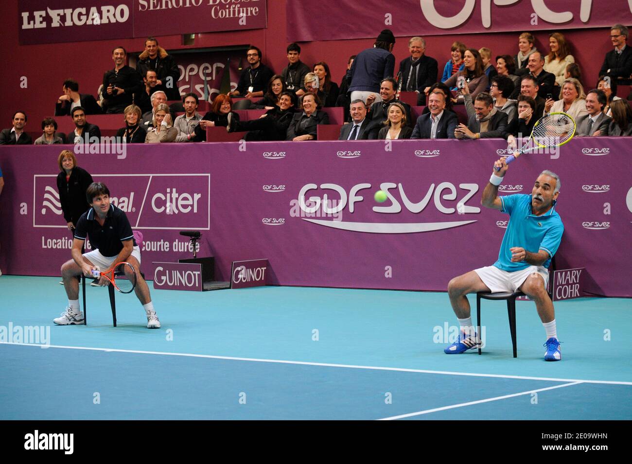 Fabrice Santoro and Mansour Bahrami during 'La Soiree d'Amelie' (The  Evening of Amelie) charity event tennis match at the WTA Open GDF Suez  tournament at the Pierre Courbertin stadium in Paris, France