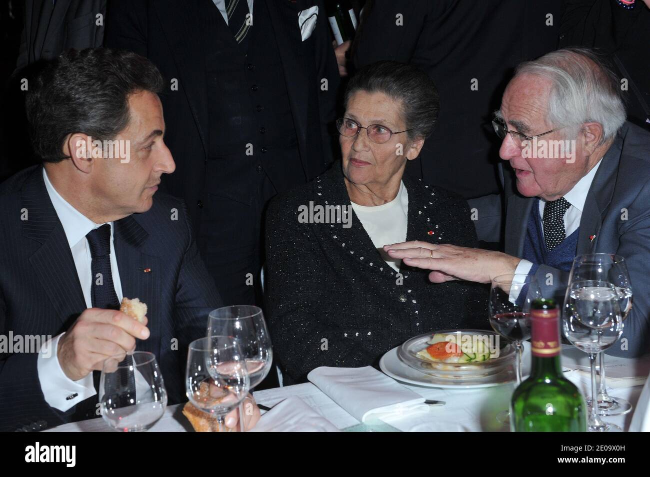 French President Nicolas Sarkozy, Simone and Antoine Veil pictured during the 'CRIF' (French Jewish community representative council) 27th annual dinner, held at Pavillon d'Armenonville, in Paris, France on February 8, 2012. Photo by Christophe Guibbaud/ABACAPRESS.COM Stock Photo