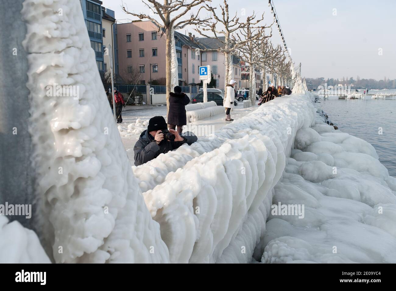 A view of the frozen waterside promenade at Lake Geneva in the city Versoix, Switzerland, on February 9, 2012. The death toll from the vicious cold snap across Europe has risen to more than 460. Photo by Loona/ABACAPRESS.COM Stock Photo
