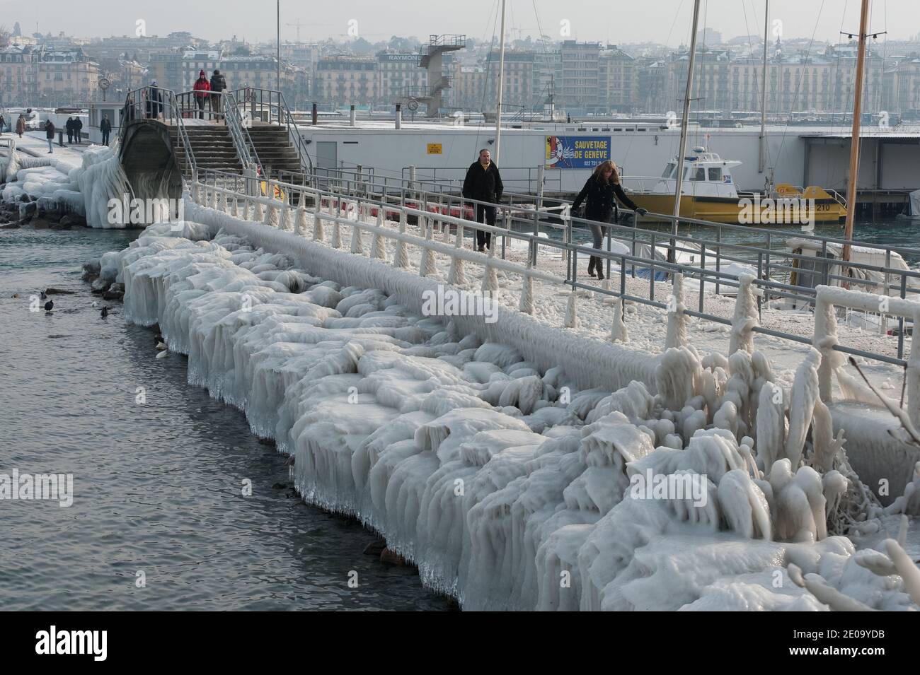 A view of the frozen waterside promenade at Lake Geneva in the city Versoix, Switzerland, on February 9, 2012. The death toll from the vicious cold snap across Europe has risen to more than 460. Photo by Loona/ABACAPRESS.COM Stock Photo