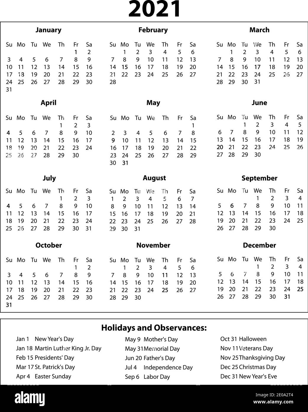 2021 Year Calendar One Page with Holidays Stock Photo