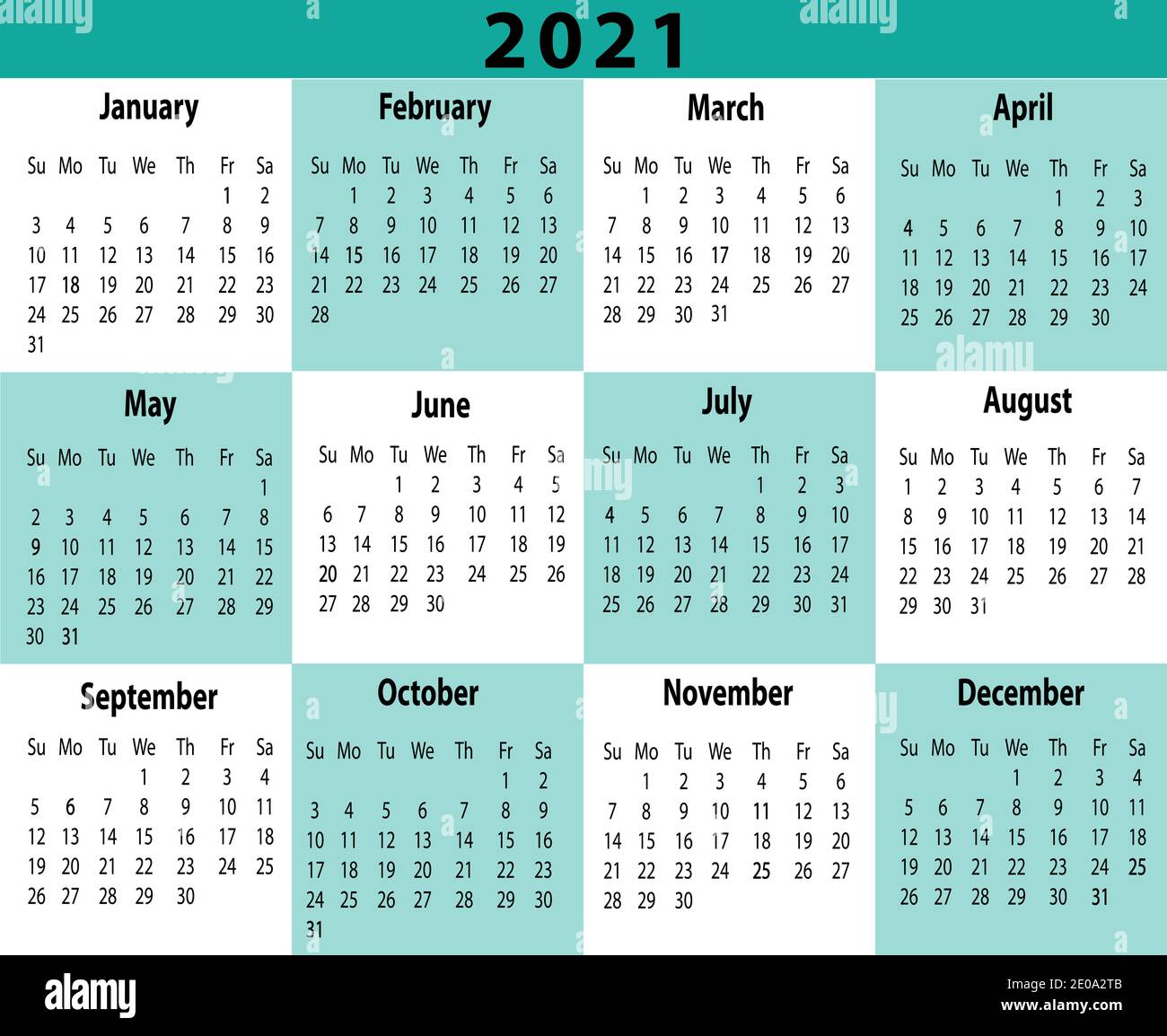 2021 Year Calendar One Page Horizontal Teal, Blue, Green Stock Photo