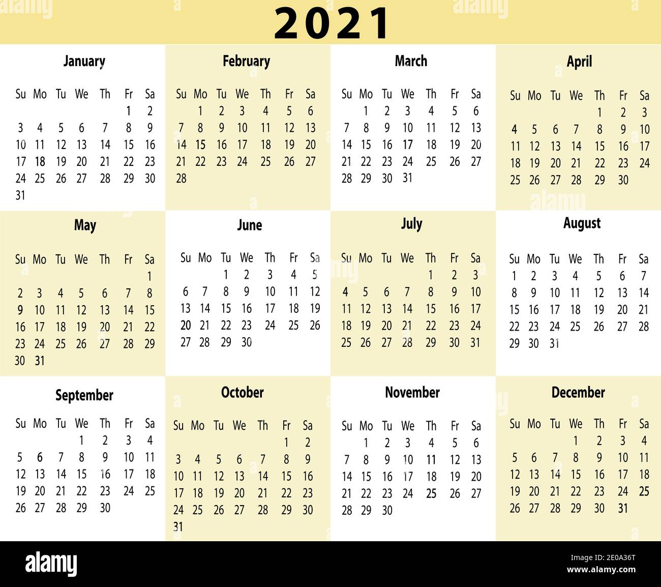2021 Year Calendar One Page Horizontal Stock Photo