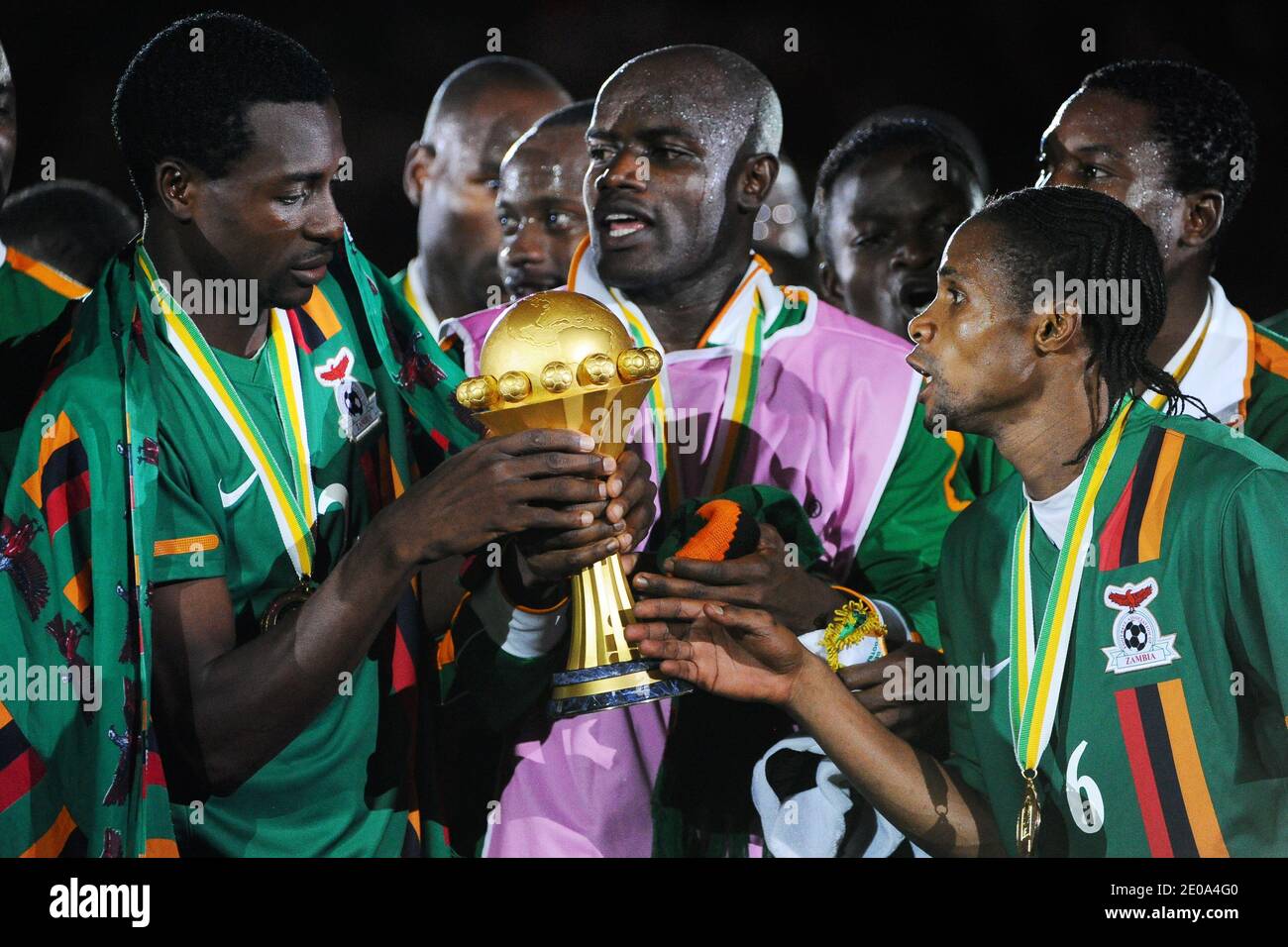 Zambia national team players celebrate their victory at the end of the