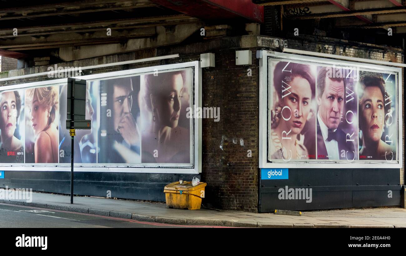 The Crown  Season 4 advertised on billboard  with portrait of Olivia Coleman & Tobias Menzies Stock Photo