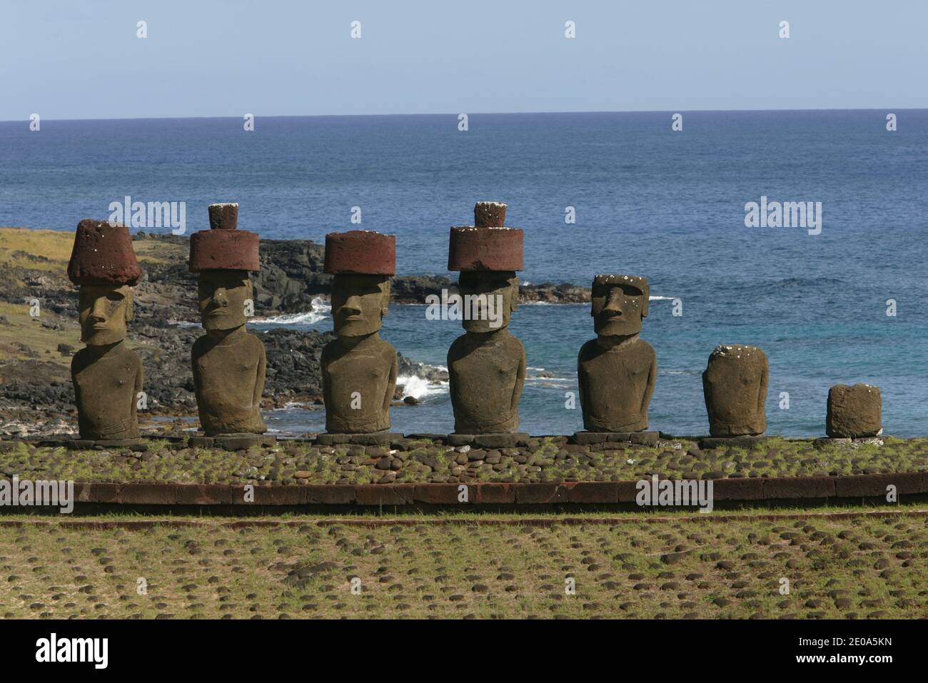 Anakena Beach, monumental statues: the Maoi, Easter Island, Chile, July 19, 2007.Plage Anakena, statues monumentales: les Maoi, ile de Paques, Chili, 19 juillet 2007. Photo by Frederic Reglain/ABACAPRESS.COM Stock Photo