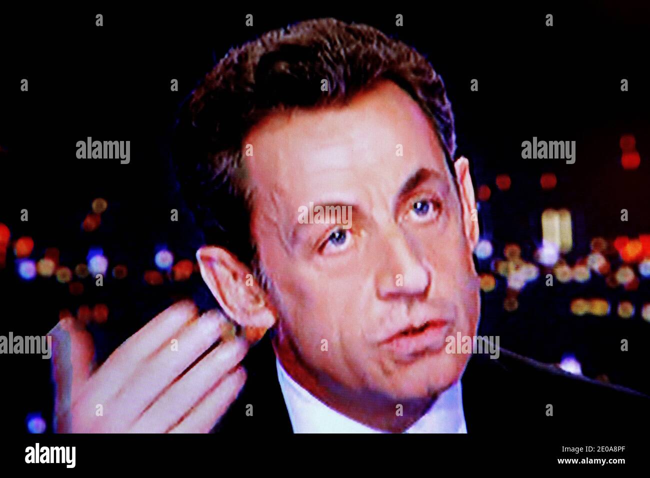 French President Nicolas Sarkozy, seen in this video grab, appears on French TF1 channel prime time news programme as he formally declares his candidacy for a second term interviewed by anchor Laurence Ferrari at their studios in Boulogne-Billancourt near Paris, France on February 15, 2012. Photo by Patrick Bernard/ABACAPRESS.COM Stock Photo