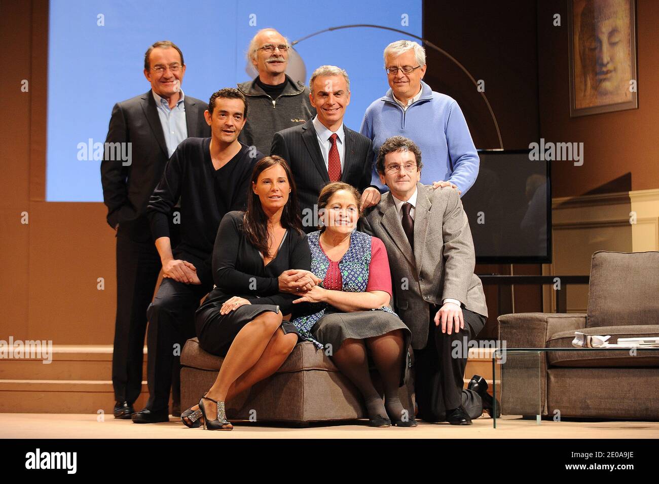 Jean-Pierre Pernaut, Stephane Slima, Jean-Claude Islert, Philippe Bardy,  Erich le Roch, Nathalie Marquay-Pernaut and Gladys Cohen pose after 'Piege  a Matignon' presentation at Theatre du Gymnase in Paris, France on February  16,