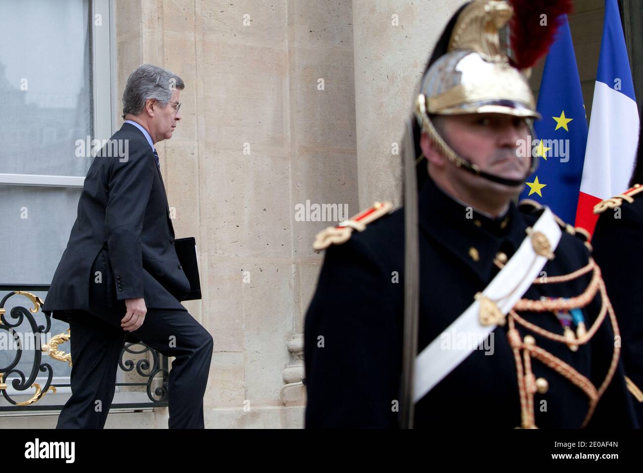 French President's diplomatic advisor and sherpa Jean-David Levitte arrives at the Elysee Palace prior to a meeting with French President Nicolas Sarkozy and Belgium Prime Minister Elio Di Rupo, in Paris, France on February 24, 2012. Photo by Stephane Lemouton/ABACAPRESS.COM. Stock Photo