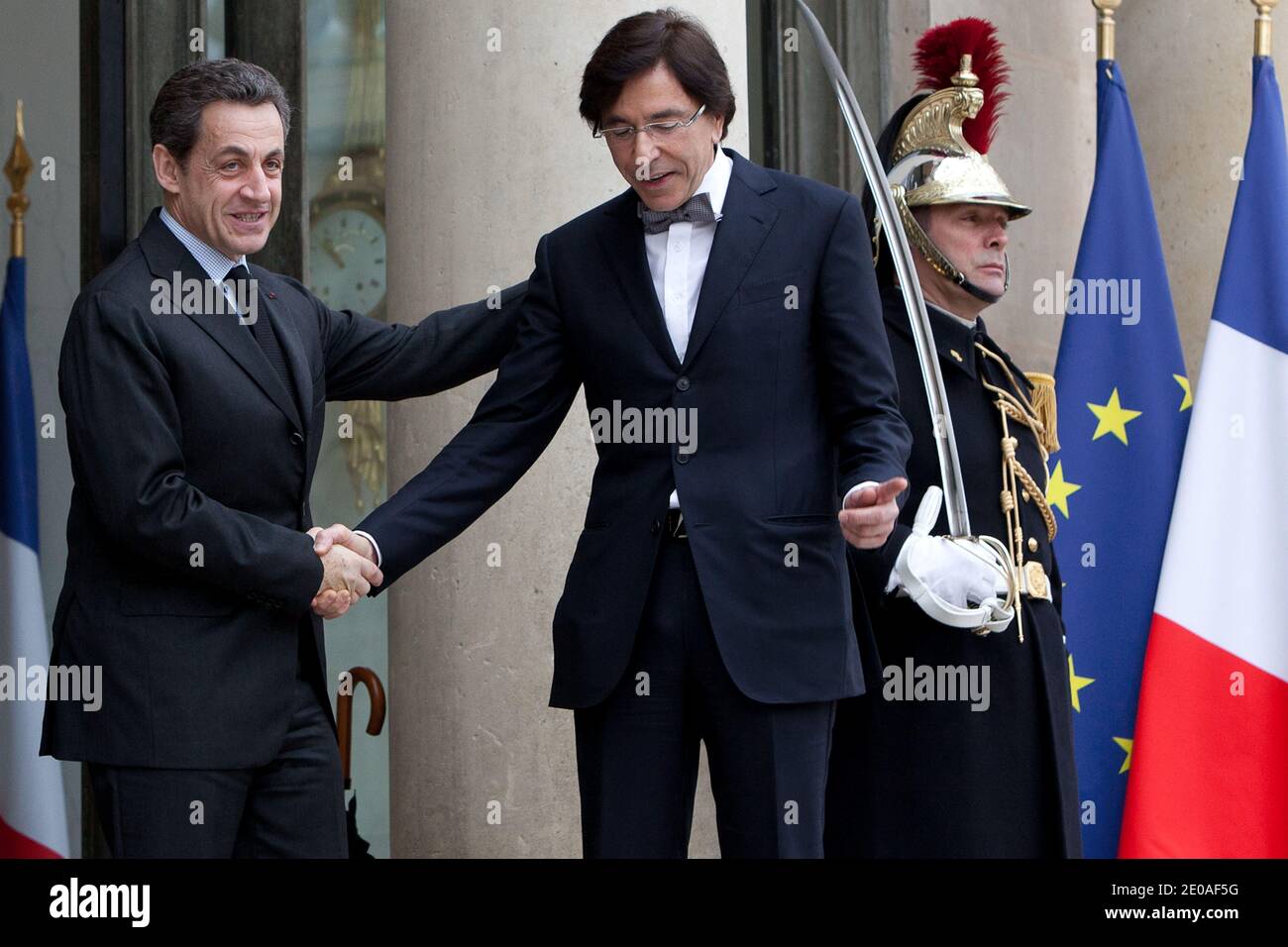 French President Nicolas Sarkozy shakes hands with Belgium Prime Minister Elio Di Rupo after a meeting at the Elysee Palace, in Paris, France on February 24, 2012. Photo by Stephane Lemouton/ABACAPRESS.COM. Stock Photo