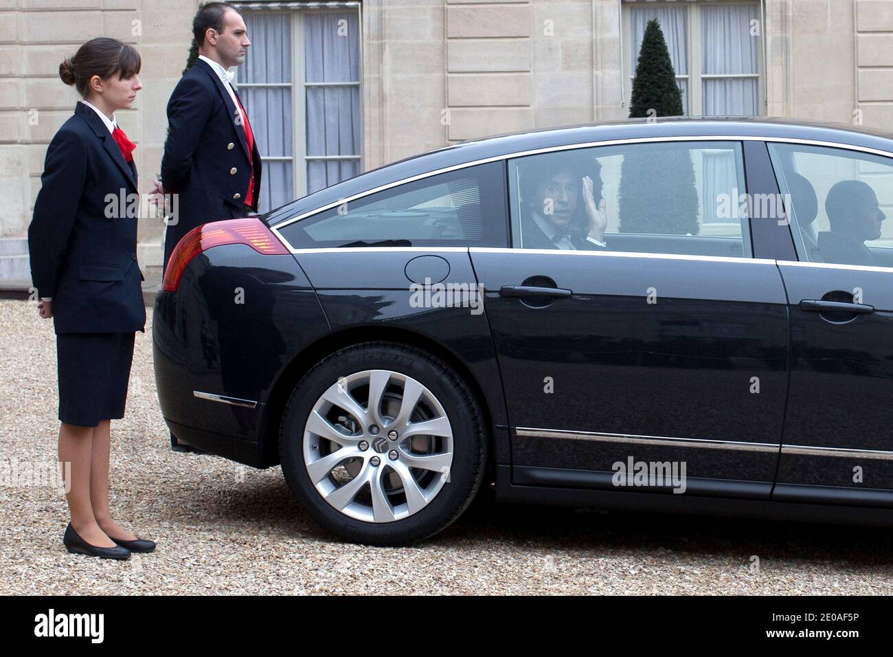 Belgium Prime Minister Elio Di Rupo salutes as he leaves the Elysee Palace after a meeting with French President Nicolas Sarkozy, in Paris, France on February 24, 2012. Photo by Stephane Lemouton/ABACAPRESS.COM. Stock Photo