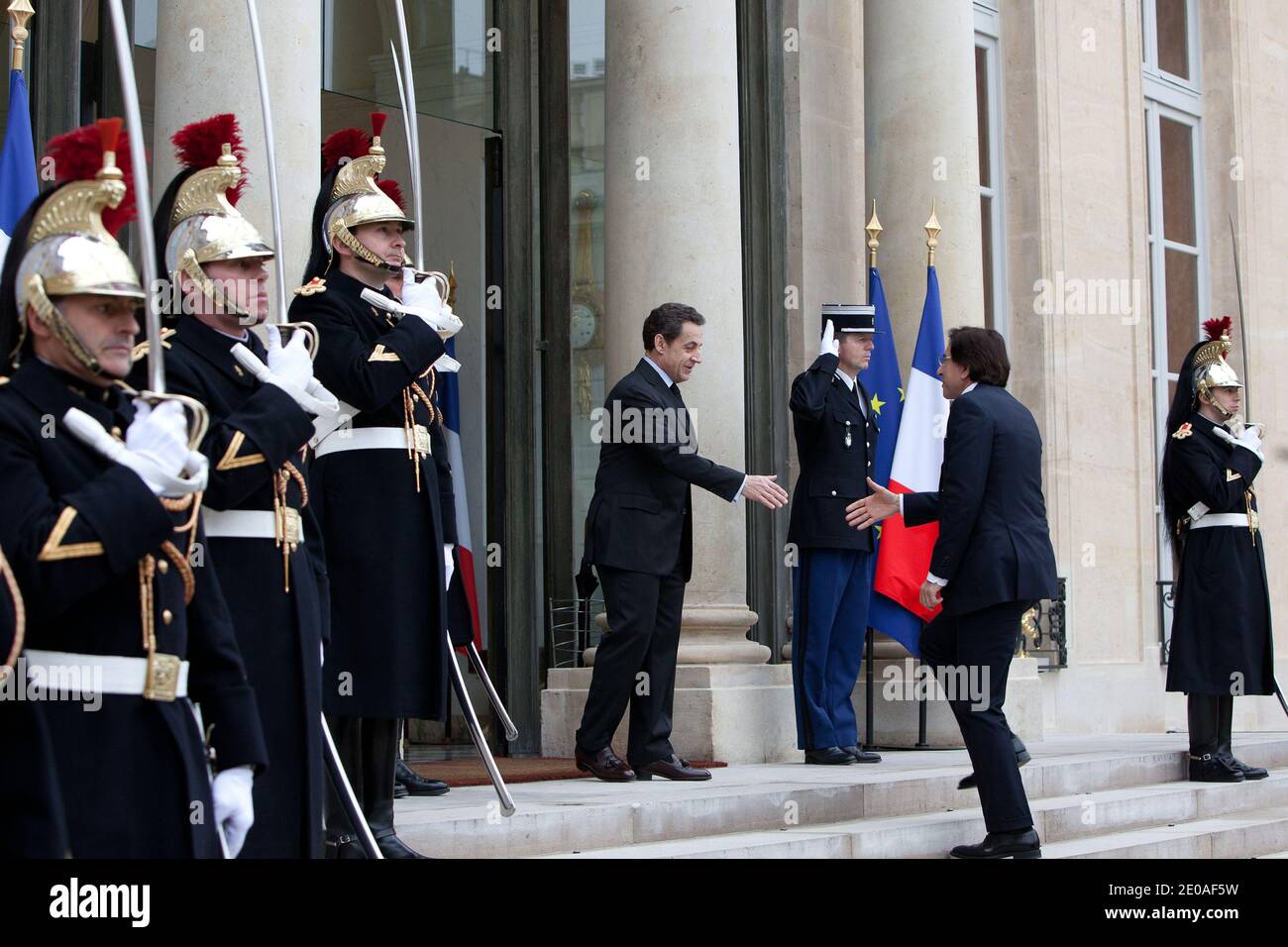 French President Nicolas Sarkozy welcomes Belgium Prime Minister Elio Di Rupo prior to a meeting at the Elysee Palace, in Paris, France on February 24, 2012. Photo by Stephane Lemouton/ABACAPRESS.COM. Stock Photo