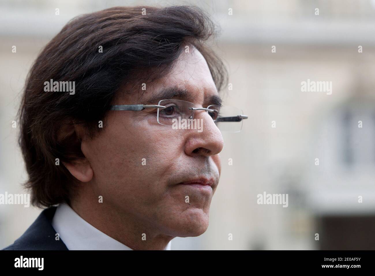 Belgium Prime Minister Elio Di Rupo answers to medias after a meeting with French President Nicolas Sarkozy at the Elysee Palace, in Paris, France on February 24, 2012. Photo by Stephane Lemouton/ABACAPRESS.COM. Stock Photo