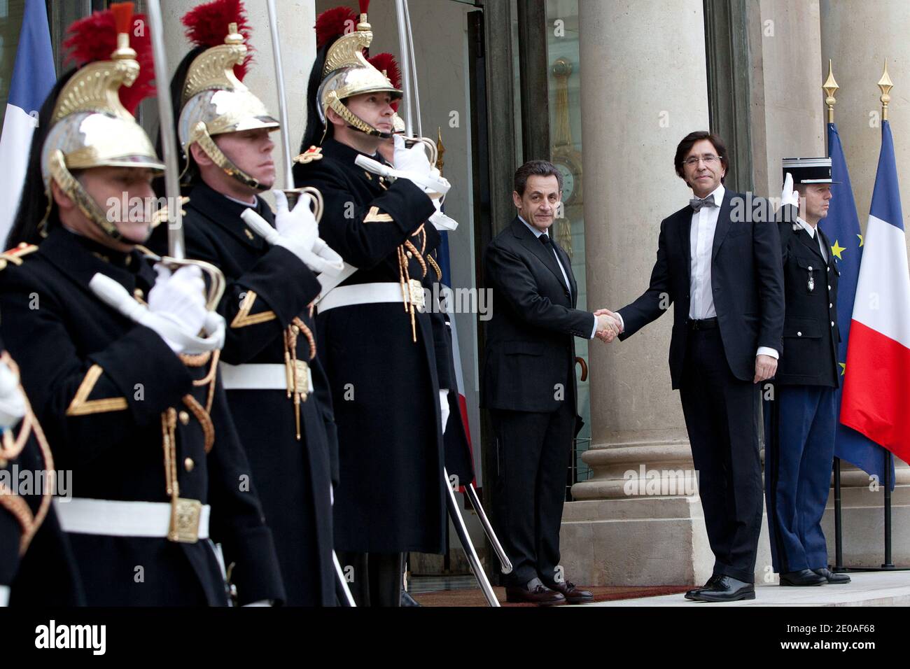 French President Nicolas Sarkozy shakes hands with Belgium Prime Minister Elio Di Rupo prior to a meeting at the Elysee Palace, in Paris, France on February 24, 2012. Photo by Stephane Lemouton/ABACAPRESS.COM. Stock Photo