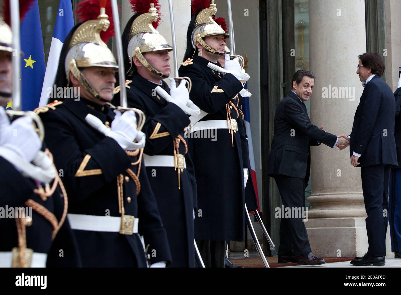 French President Nicolas Sarkozy shakes hands with Belgium Prime Minister Elio Di Rupo prior to a meeting at the Elysee Palace, in Paris, France on February 24, 2012. Photo by Stephane Lemouton/ABACAPRESS.COM. Stock Photo
