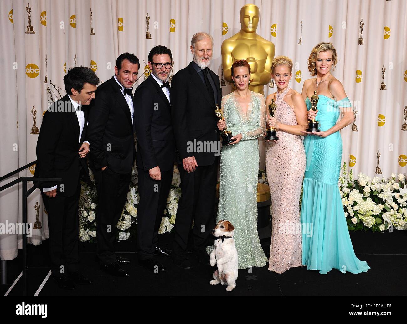 Cast and crew members of The Artist with their awards pose in the press room at the 84th Annual Academy Awards held at the Kodak Theatre in Los Angeles, CA, USA on February 26, 2012. Photo by Lionel Hahn/ABACAPRESS.COM Stock Photo