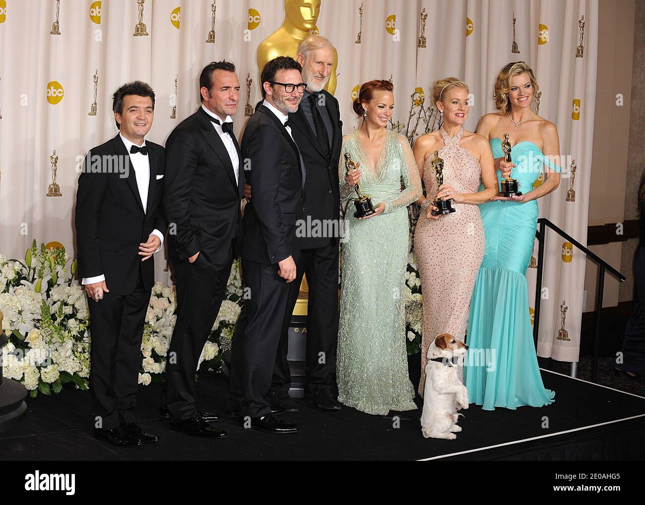Cast and crew of The Artisy pose with their awards in the press room at the 84th Annual Academy Awards held at the Kodak Theatre in Los Angeles, CA, USA on February 26, 2012. Photo by Lionel Hahn/ABACAPRESS.COM Stock Photo