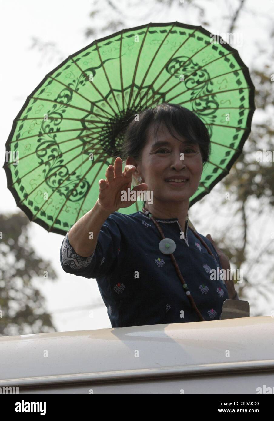 Nobel Peace Prize winner and National League for Democracy [NLD] chairman Aung San Suu Kyi on campaign ahead of April 1 by-elections in Namati, Myanmar on February 23, 2012. Myanmar opposition leader went to Namati, some three hours driving from Myitkyina in the Kachin State as part of her electoral campaign. There is still fighting near the Chinese border in the Kachin State between the KIA (Kachin Independence Army) and the Myanmar Army despite Myanmar president Thein Sein order to to the military to stop the offensive. Photo by Christophe Loviny/ABACAPRESS.COM Stock Photo