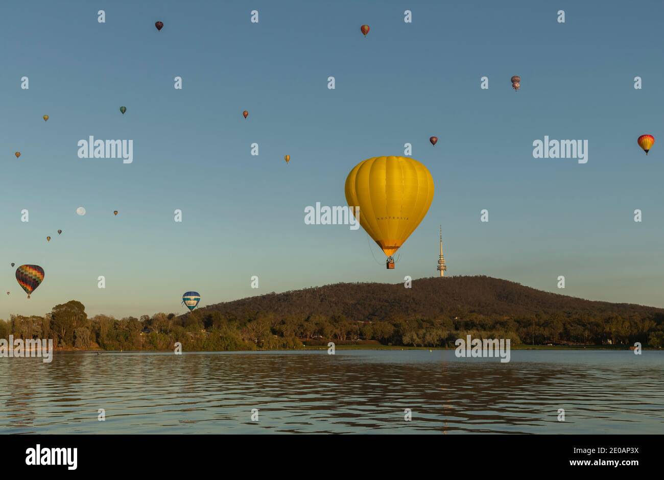 CANBERRA, 11th MARCH, 2020. Hot air balloon flying over the out skirts of Canberra during the annual balloon festival. Editorial use. Stock Photo