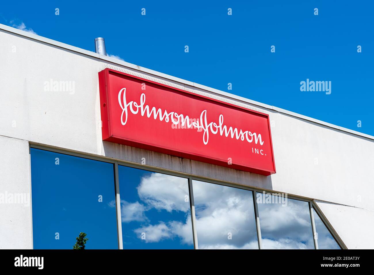 Markham, Ontario, Canada - June 14, 2019: Sign of Johnson & Johnson Inc. Canada in Markham. Stock Photo