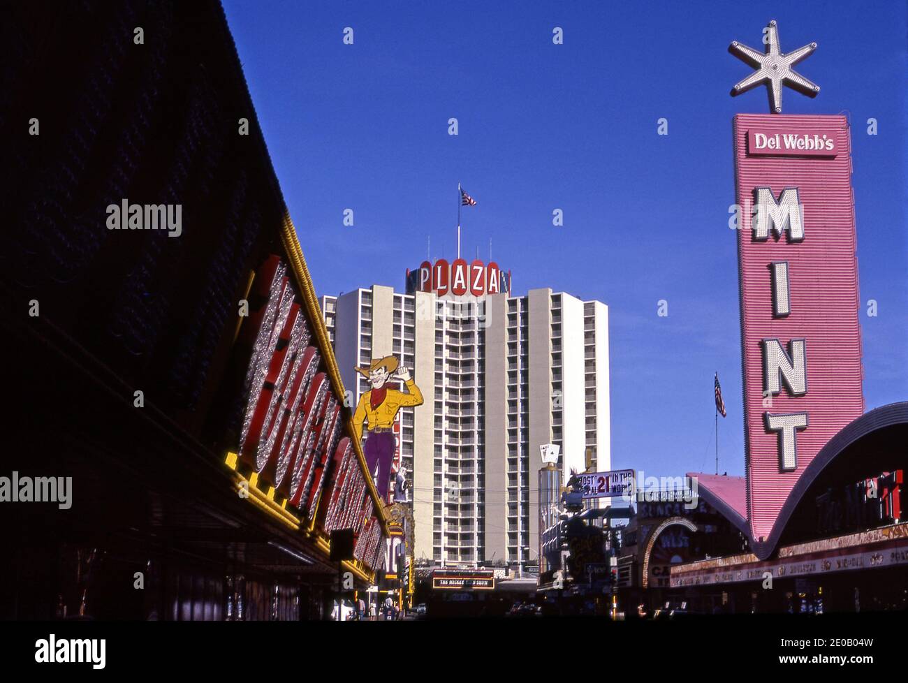View up Fremont Street to the Plaza Hotel in Downtown Las Vegas before the street was covered circa 1979. Stock Photo
