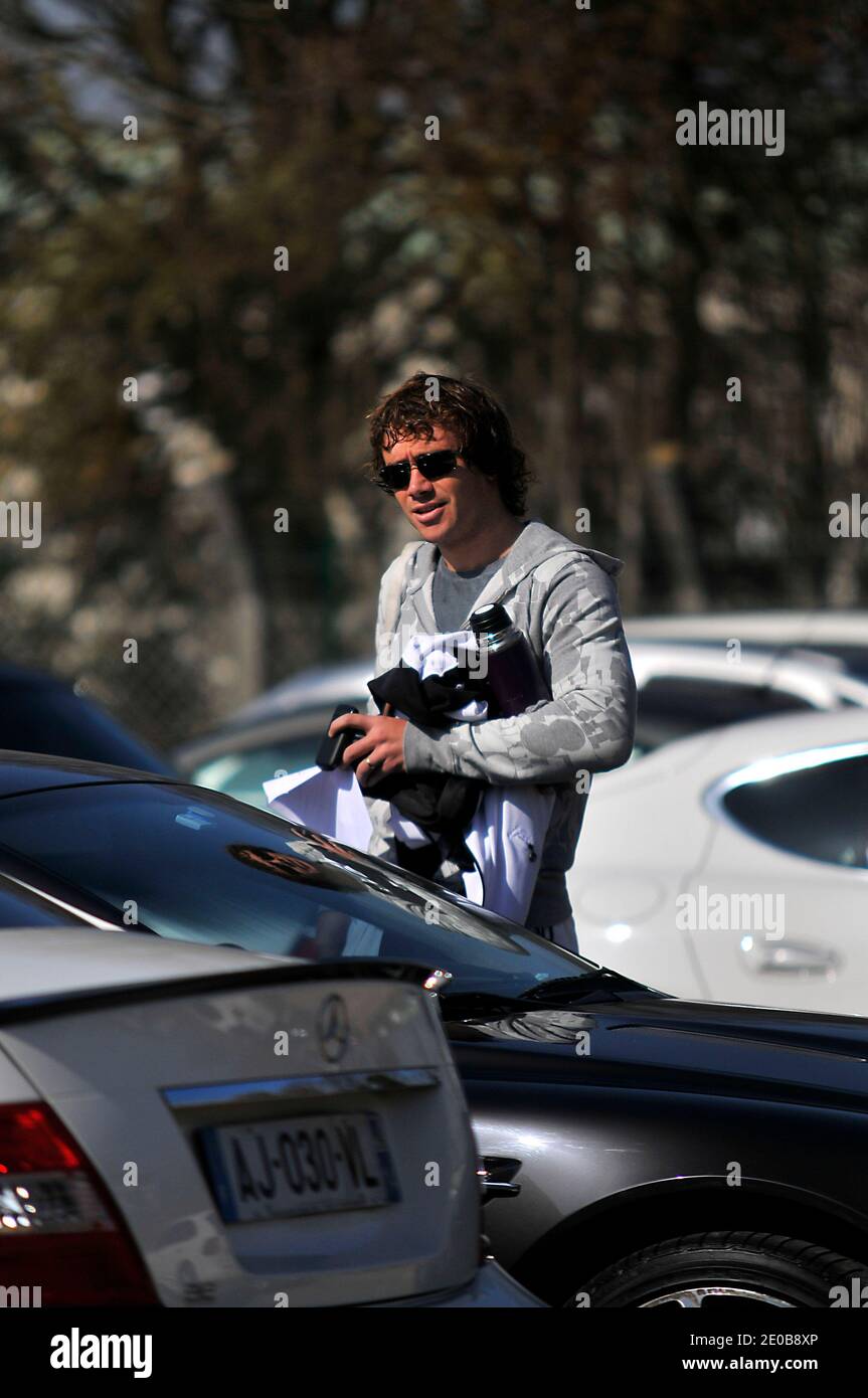 PSG's Diego Lugano arrives for the soccer training session at Camp Des Loges in Saint-Germain en Laye near Paris, France on March 15, 2012. Photo by Thierry Plessis/ABACAPRESS.COM Stock Photo