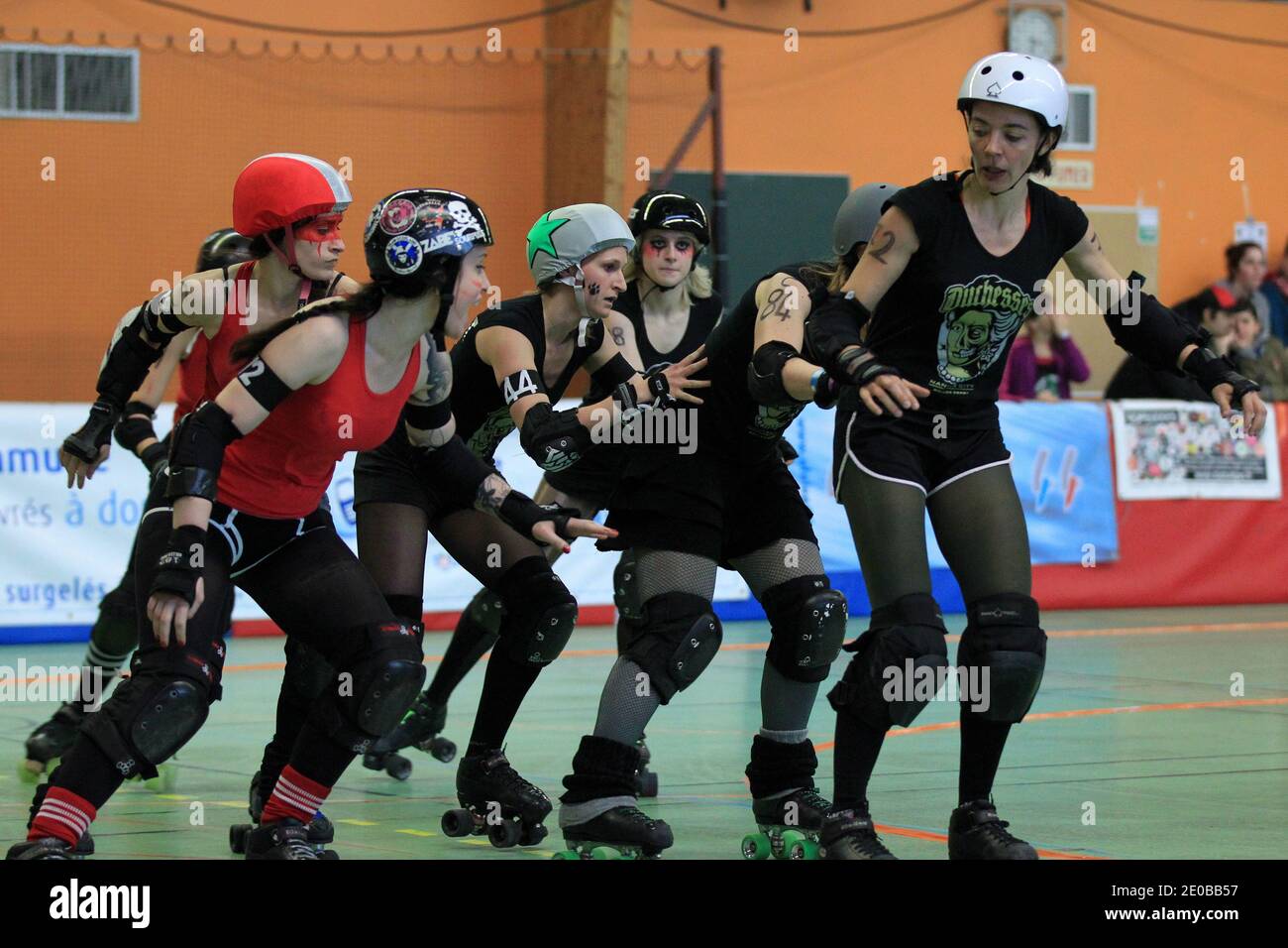 Paris Roller Girls (red) playing a match against Duchesses Nantes Roller  Derby Girls (green) during a national tournament in Nantes, western France  on March 17, 2012. Roller Derby is an American-invented contact