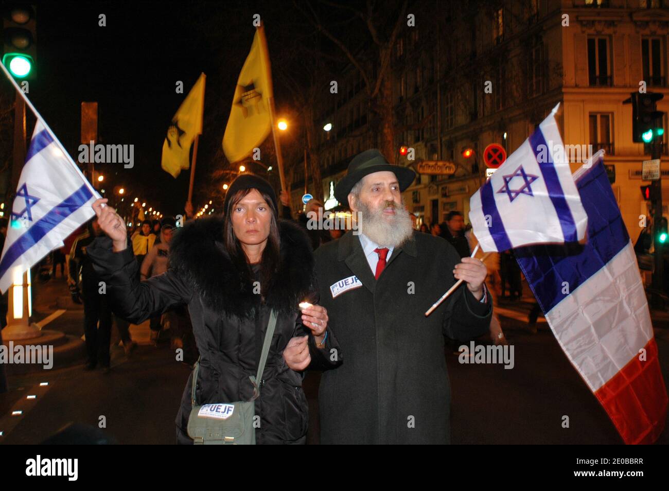 Members of the Jewish community demonstrate on Place de la Bastille in Paris, France on March 19, 2012, as they attend a silent march to pay tribute to the victims of the Toulouse school shooting, during a night time vigil. Four people, including three children, have been killed and others injured after a gunman opened fire outside a Jewish school in Toulouse as parents dropped their children off for morning classes. Photo by Alain Apaydin/ABACAPRESS.COM Stock Photo