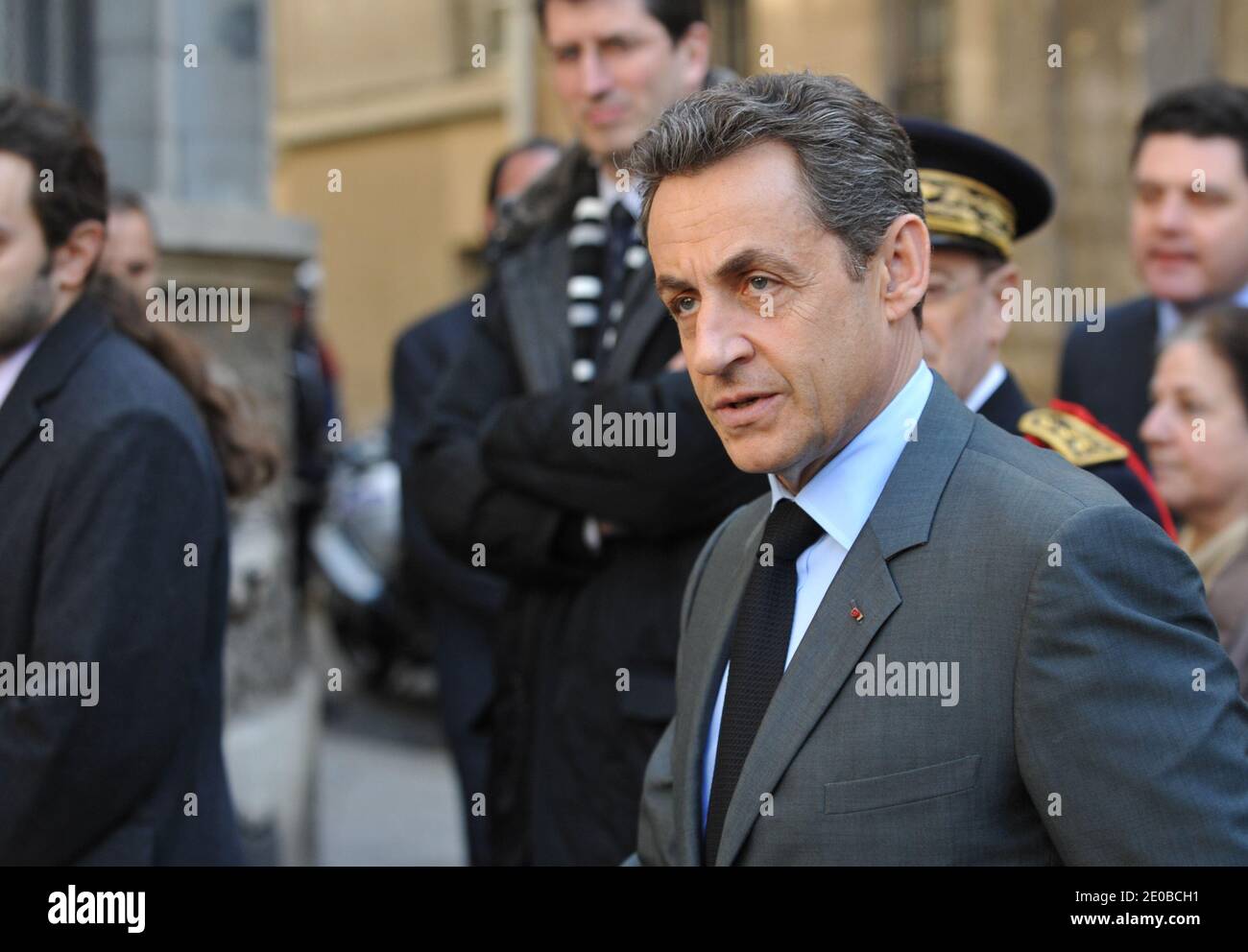 French President Nicolas Sarkozy arrives at College Francois Couperin in  Paris, France on March 20, 2012 to minute of silence in this school. The  day after a gunman on a motorbike opened