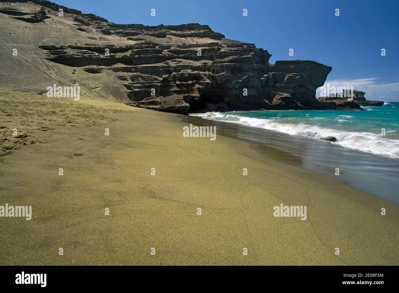 Green sand beach. Big Island Hawaii Stock Photo