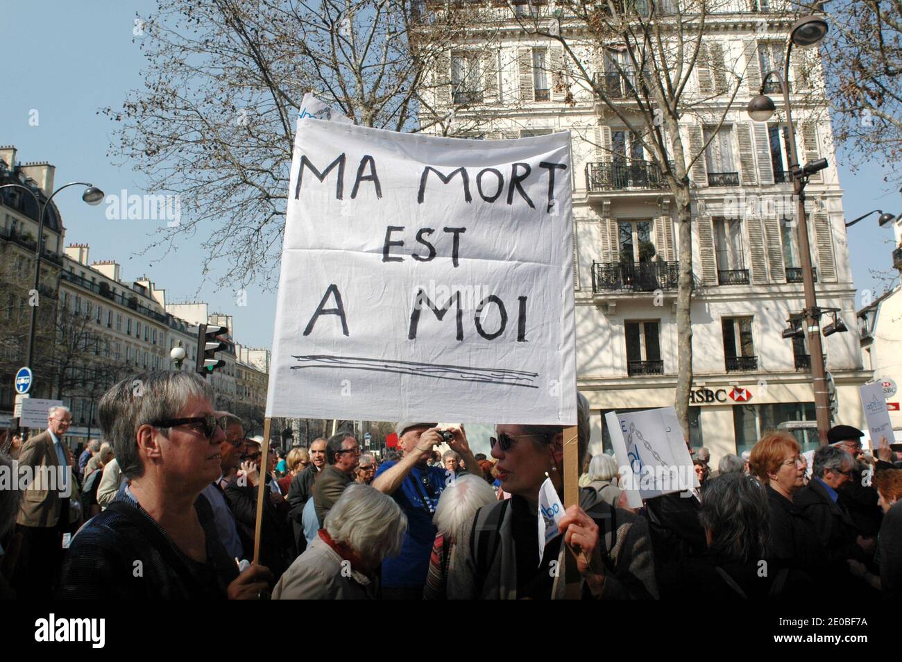 People gathering to support the 'right-to-die' for the legalization of euthanasia organized by ADMD (Association for The Right-to-Die in Dignity) at the Place of Republic in Paris, France, on March 24, 2012. Anne Hidalgo, Mireille Dumas attend the rallye. Photo by Alain Apaydin/ABACAPRESS.COM Stock Photo