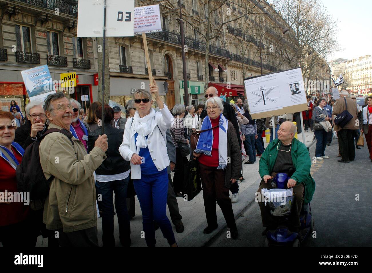 People gathering to support the 'right-to-die' for the legalization of euthanasia organized by ADMD (Association for The Right-to-Die in Dignity) at the Place of Republic in Paris, France, on March 24, 2012. Anne Hidalgo, Mireille Dumas attend the rallye. Photo by Alain Apaydin/ABACAPRESS.COM Stock Photo