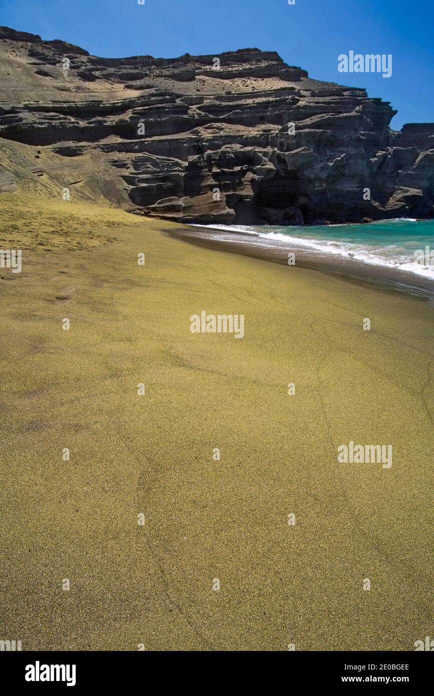 Green sand beach. Big Island Hawaii Stock Photo