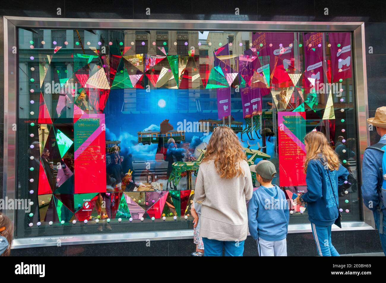 Christmas 2020 windows at the Myer department store in Bourke Street Mall, Melbourne, continuing a 65-year tradition despite the COVID-19 pandemic Stock Photo
