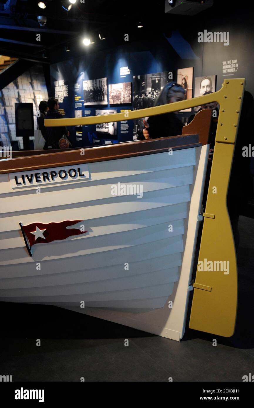 A 25-ft replica of a Titanic lifeboat at the Titanic Belfast exhibition (Gallery 7 : the Aftermath) in Belfast, UK in March 2012. 48 lifeboats would have been needed to hold all the passengers. Titanic set sail with just 20. Extending over nine galleries, the exhibition is thought as an interactive journey in the Titanic's mythology from the conception to the exploration of the wreck. Photo by David Lefranc/ABACAPRESS.COM Stock Photo