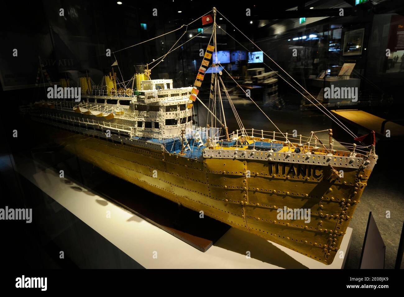 Titanic model made by a Meccano enthusiast in England in the late twentieth century on display at the TITANICa exhibition at the Transport Museum in Belfast, UK in March 2012. It's just one of thousands of Titanic models that have been created all over the world by people fascinated with the ill-fated ship. Photo by David Lefranc/ABACAPRESS.COM Stock Photo