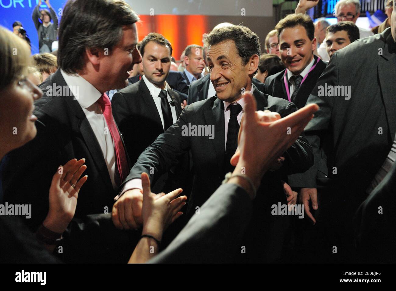 French incumbent President and UMP ruling candidate for 2012 presidential election Nicolas Sarkozy is pictured during a campaign meeting in Elancourt, France on March 28, 2012. Photo by Jacques Witt/Pool/ABACAPRESS.COM Stock Photo