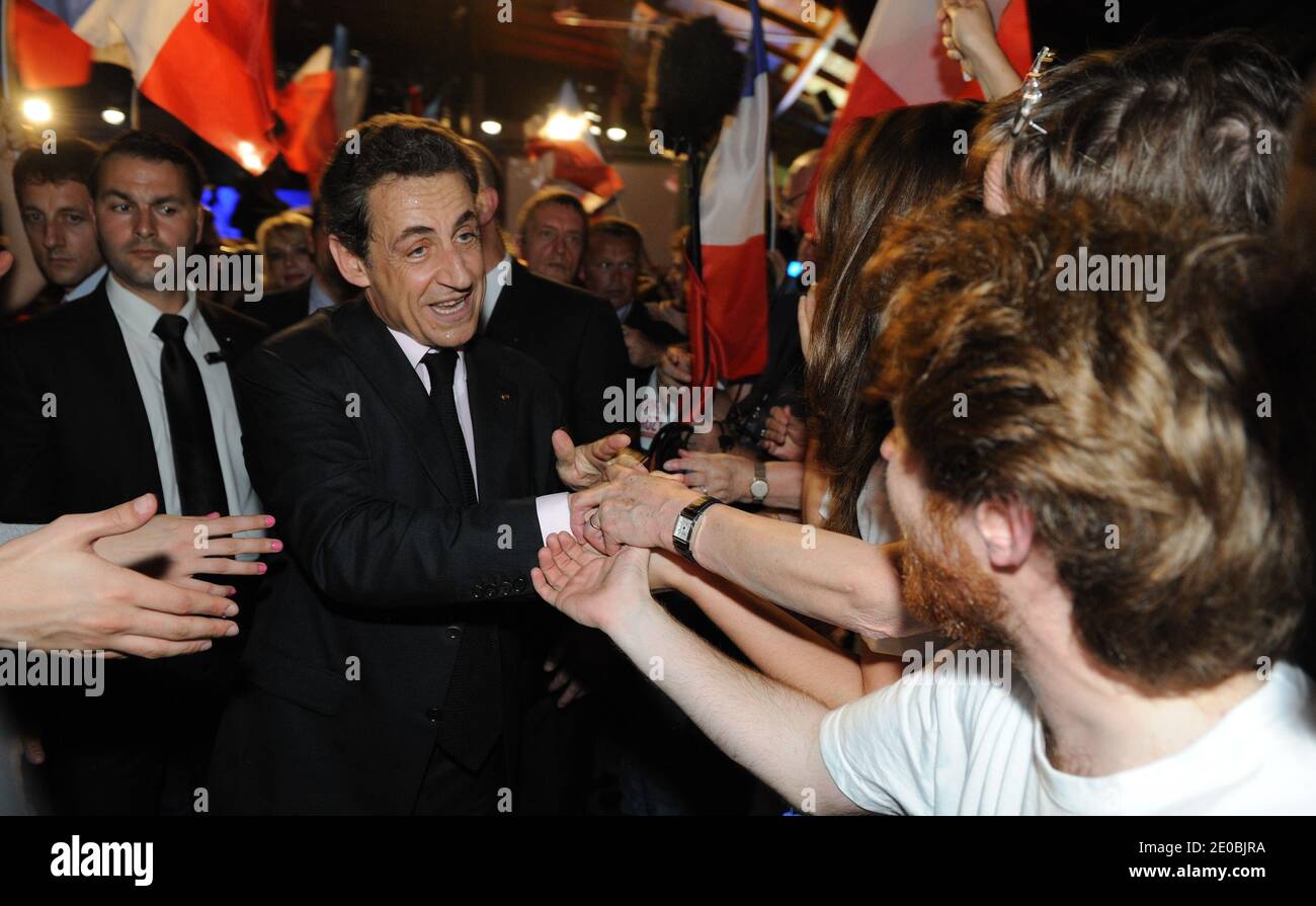 French incumbent President and UMP ruling candidate for 2012 presidential election Nicolas Sarkozy is pictured during a campaign meeting in Elancourt, France on March 28, 2012. Photo by Jacques Witt/Pool/ABACAPRESS.COM Stock Photo
